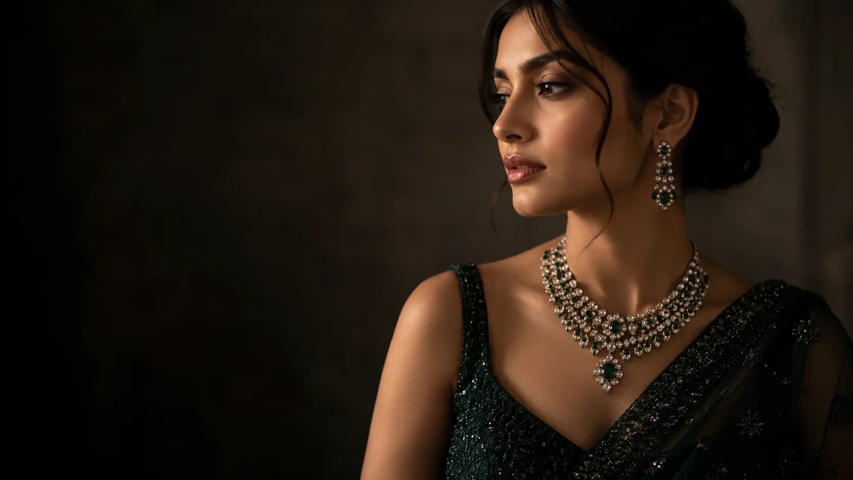 Female model wearing gold tone pendant set